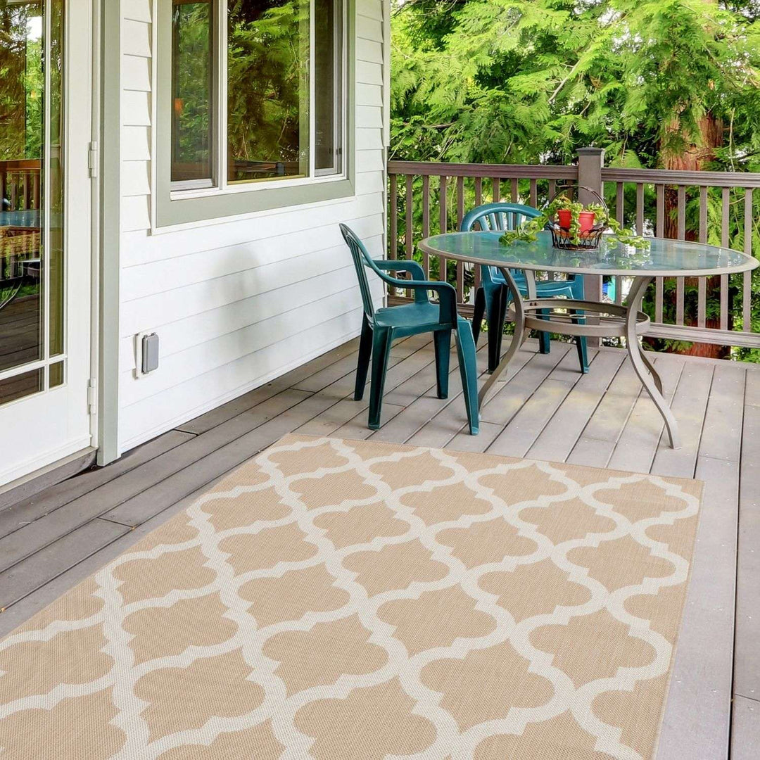 Beige Trellis Design Outdoor Rug for Garden & Patio