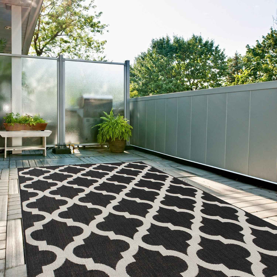 Black Trellis Design Outdoor Rug for Garden & Patio