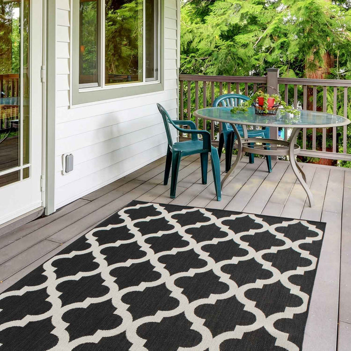 Black Trellis Design Outdoor Rug for Garden & Patio
