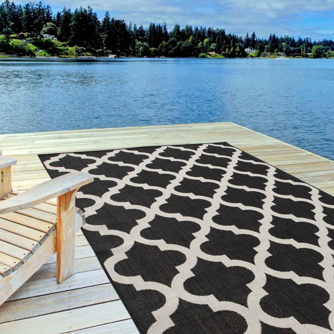 Black Trellis Design Outdoor Rug for Garden & Patio