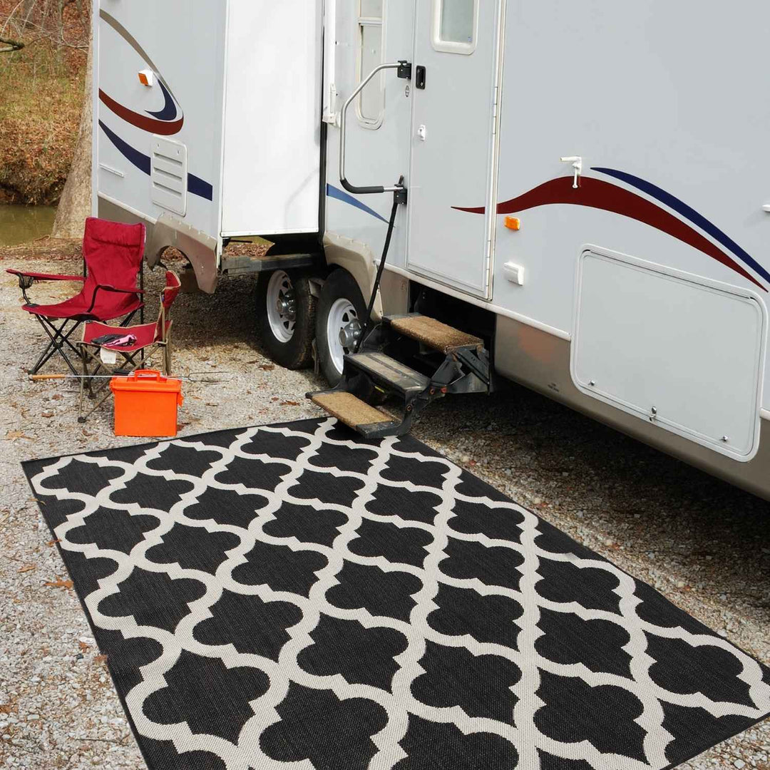 Black Trellis Design Outdoor Rug for Garden & Patio