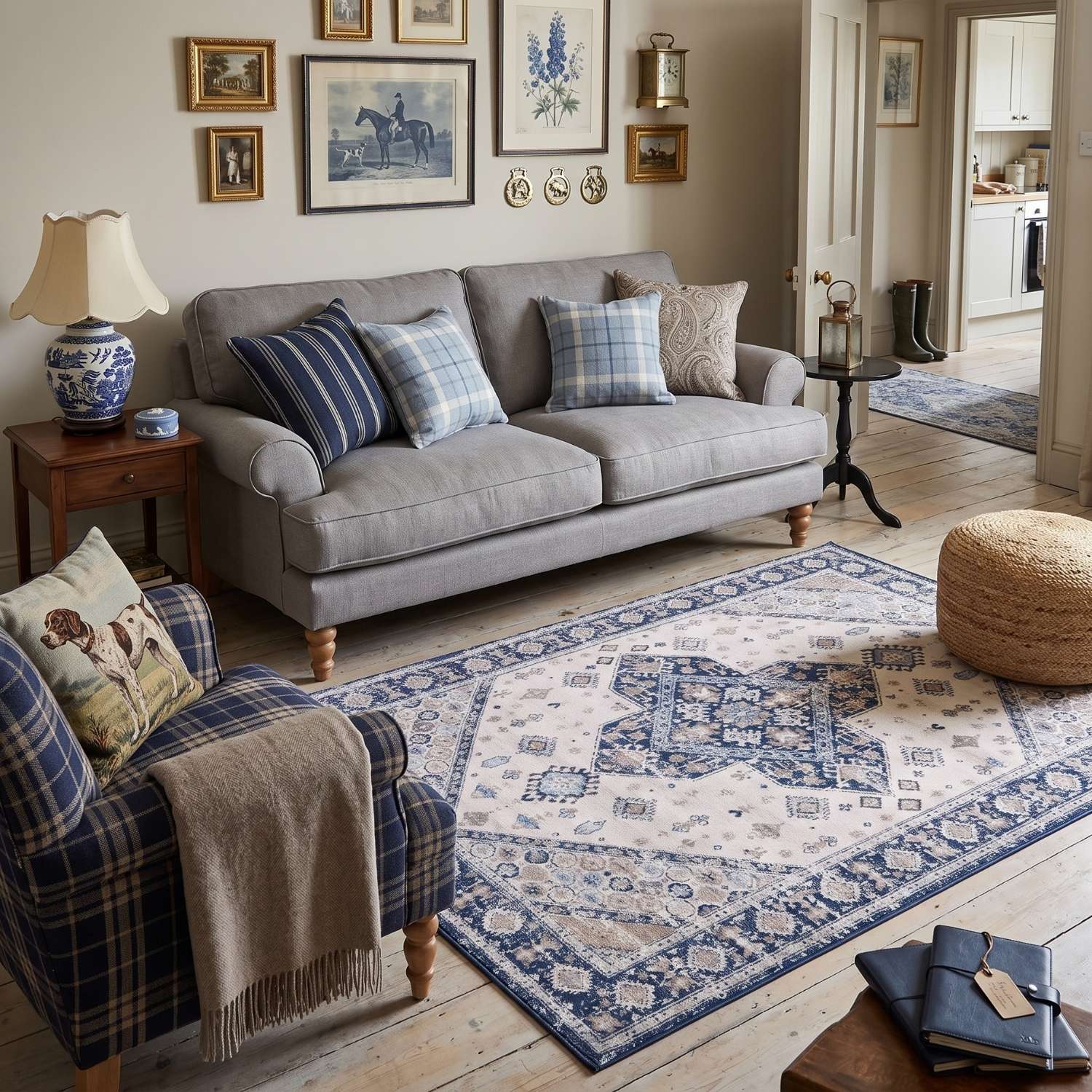 Montana Vintage Navy Rugs Bordered Medallion Stain-resistant | THE RUGS