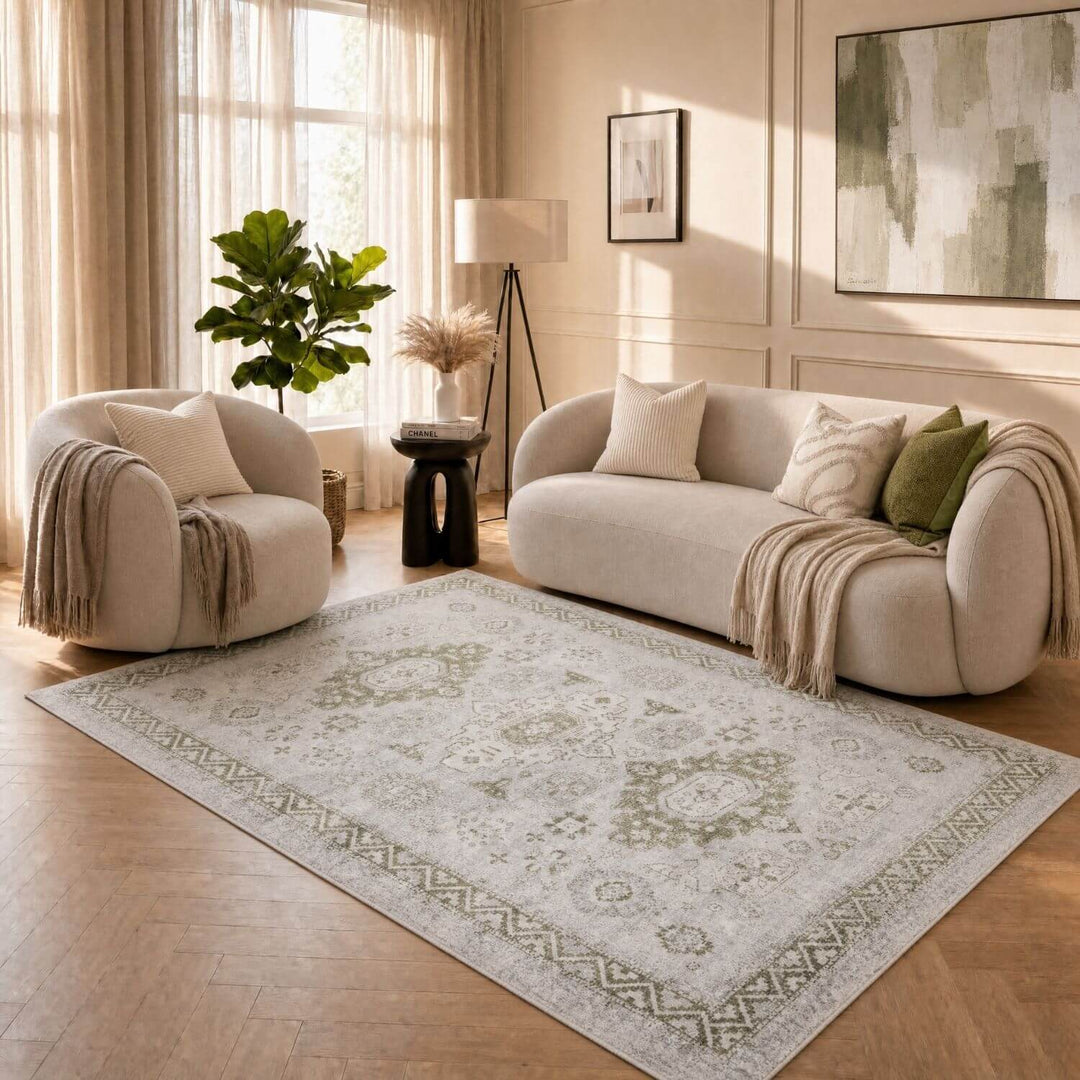 Montana Vintage Green Rug, fade-resistant, stain-resistant, easy to clean, eco-friendly | The Rugs