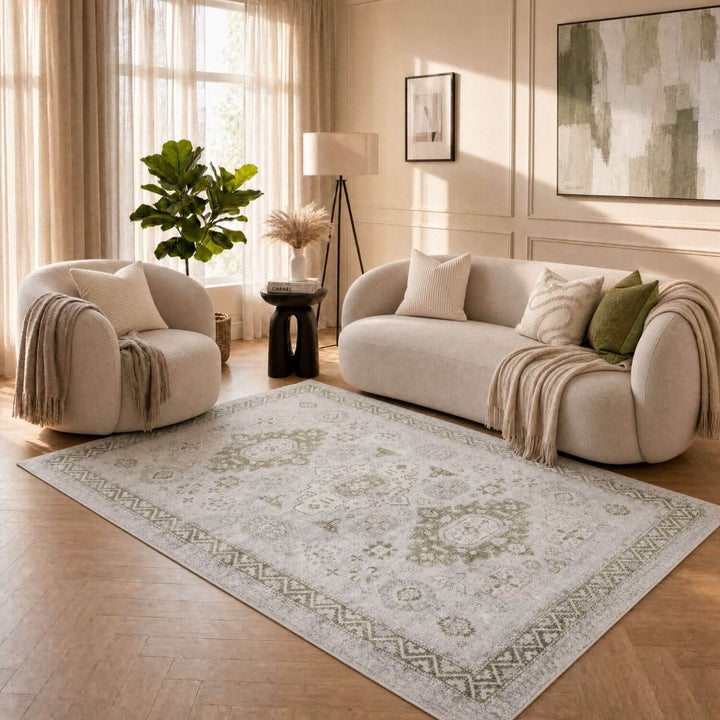 Montana Vintage Green Rug, fade-resistant, stain-resistant, easy to clean, eco-friendly | The Rugs