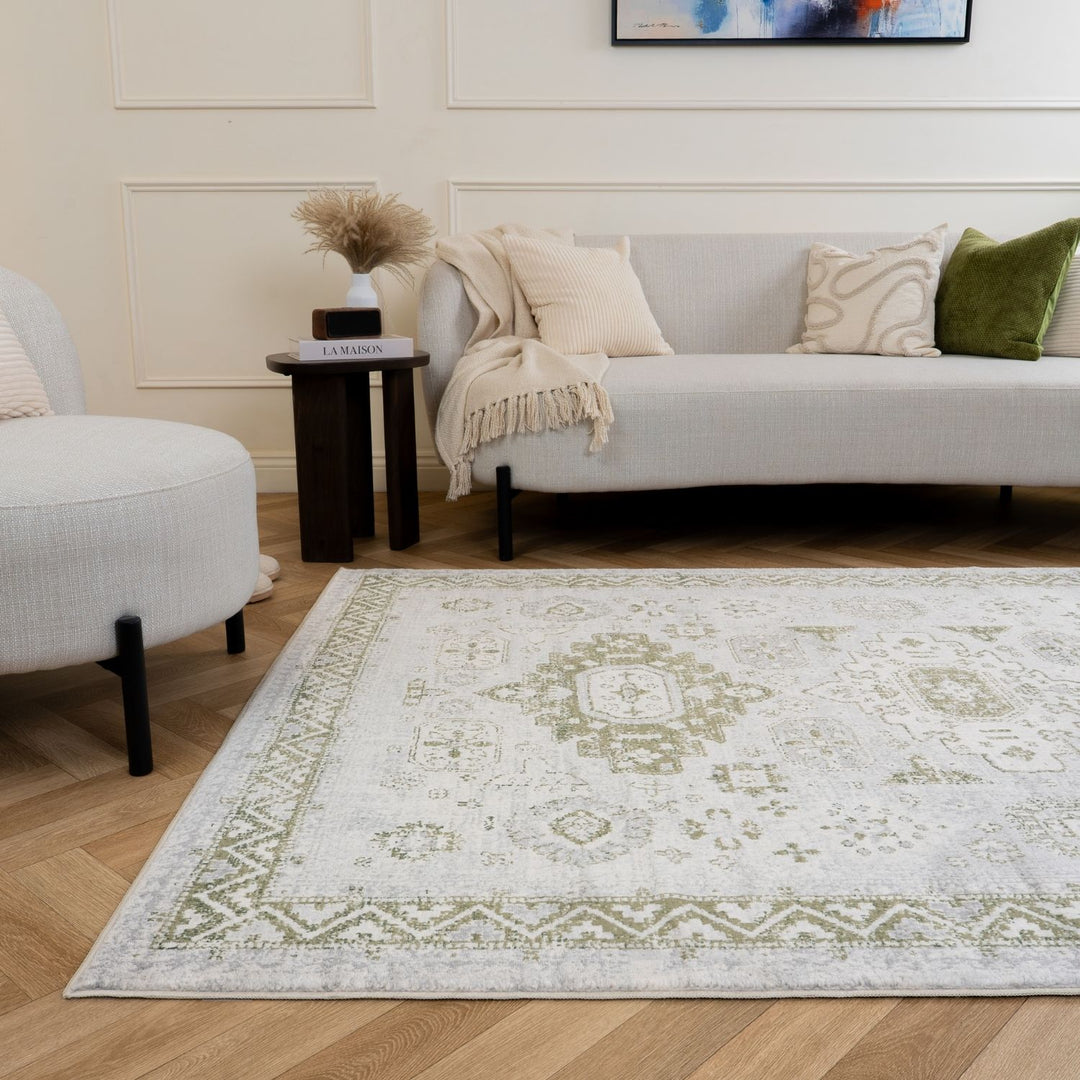 Montana Vintage Green Rug, fade-resistant, stain-resistant, easy to clean, eco-friendly | The Rugs