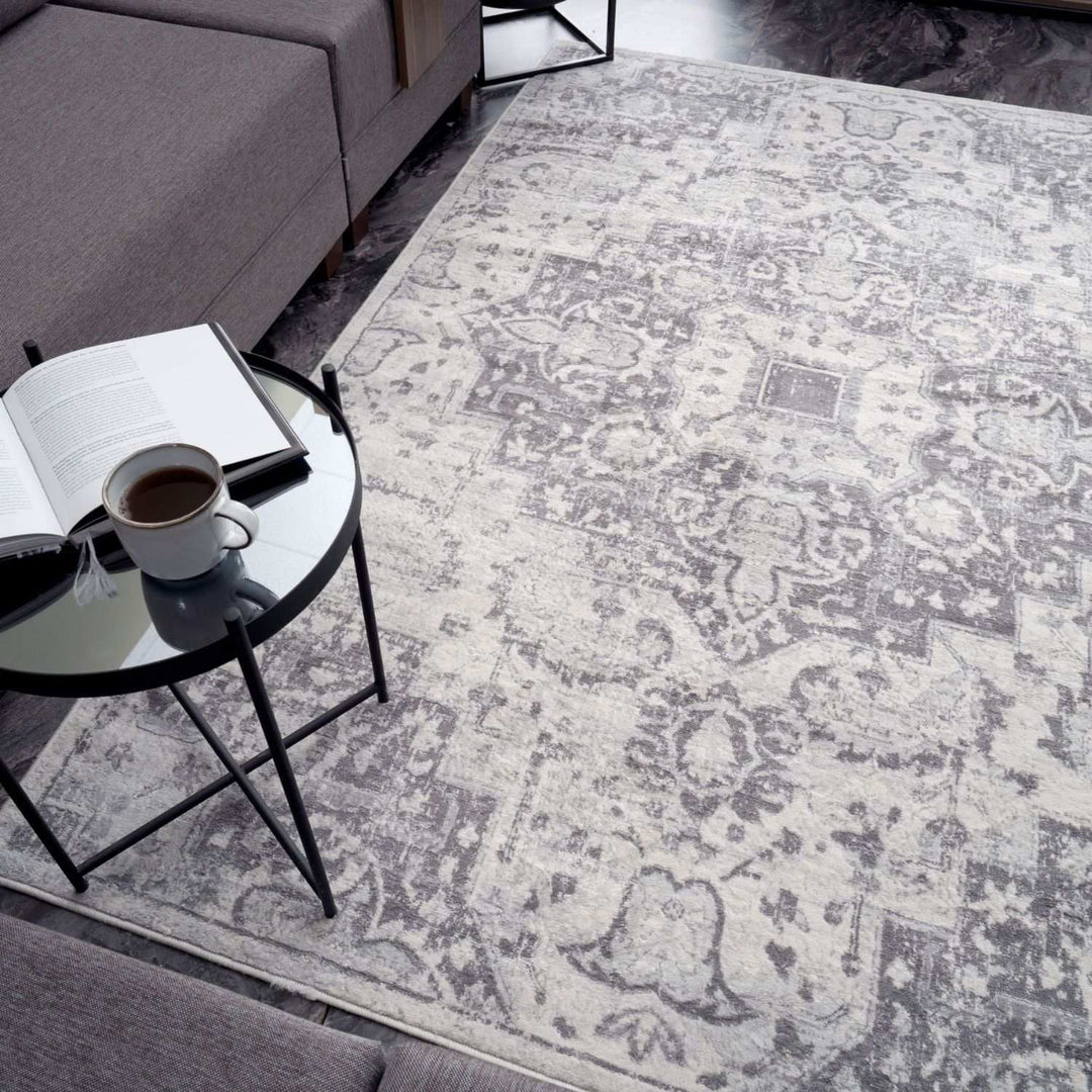 Living Room Rug Medallion Design in Grey