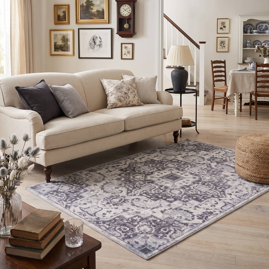Living Room Rug Medallion Design in Grey