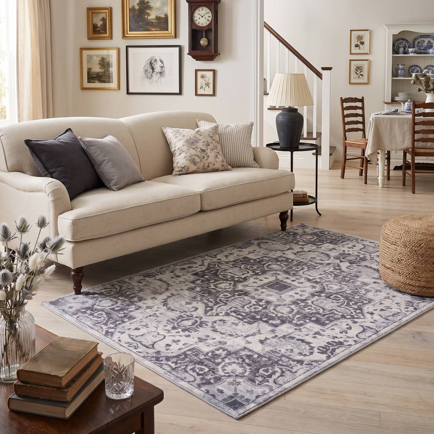 Living Room Rug Medallion Design in Grey