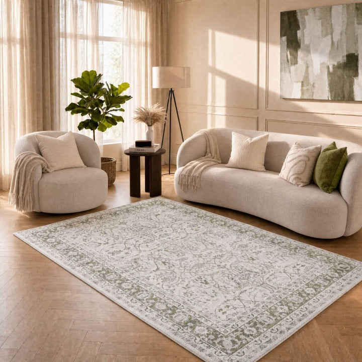 Montana Bordered Green Rug, fade-resistant, stain-resistant, easy care rug|The Rugs