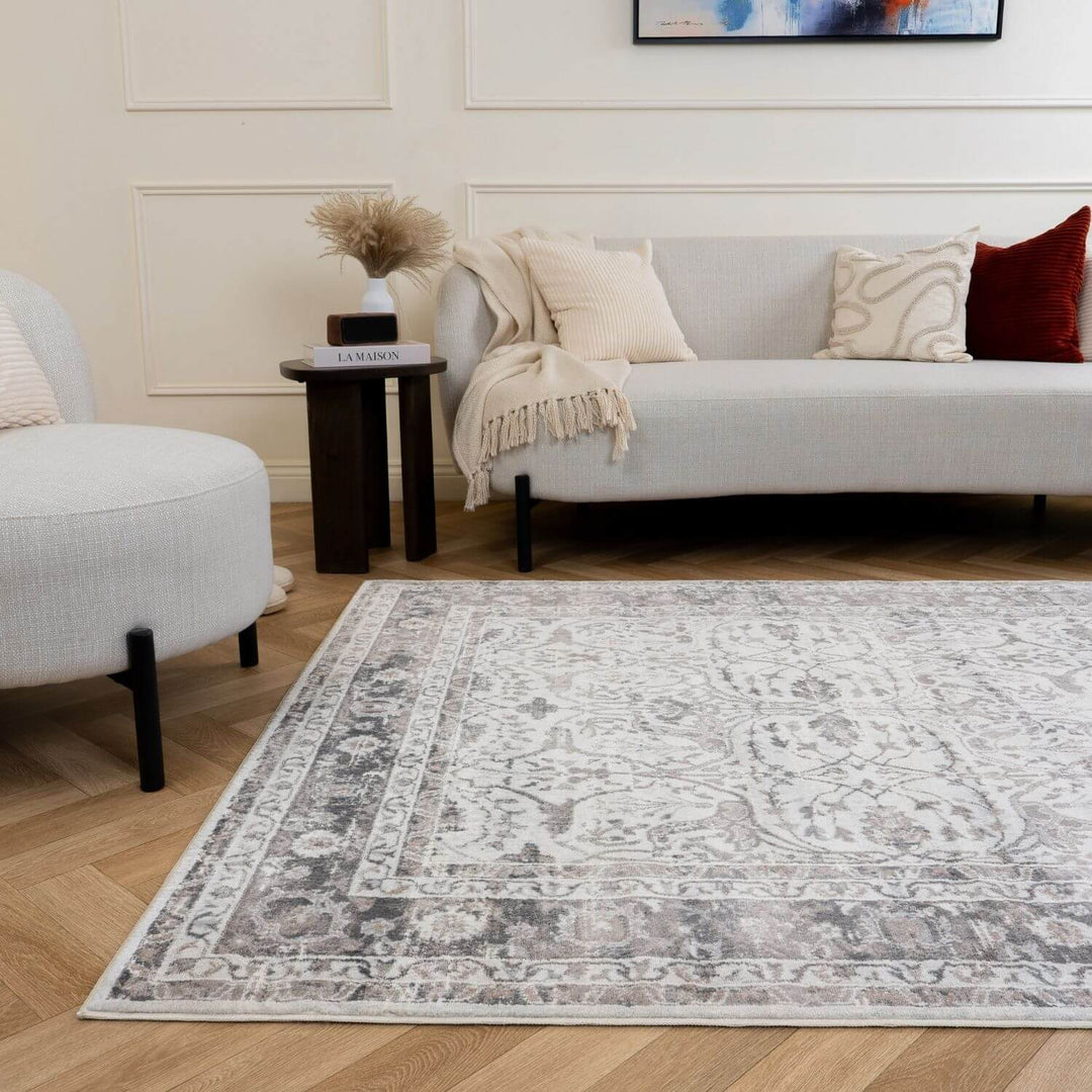 Montana Bordered Grey Rug, fade-resistant, stain-resistant, easy care rug|The Rugs