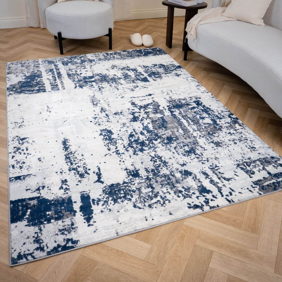 Elaris navy abstract rug, jute backing, anti-static, non-shedding | The Rugs