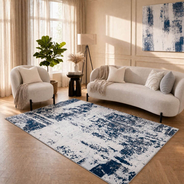 Elaris navy abstract rug, jute backing, anti-static, non-shedding | The Rugs