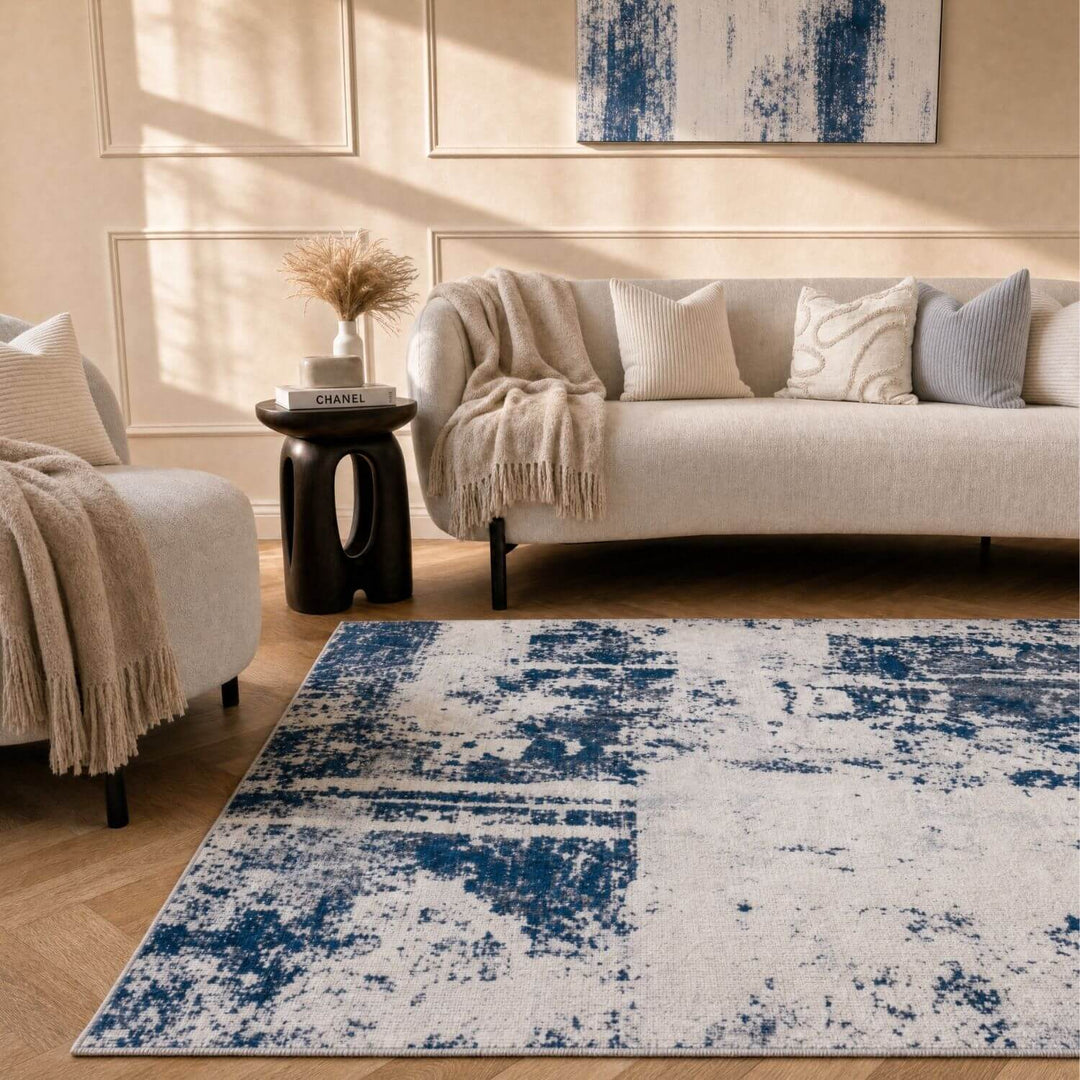 Elaris navy abstract rug, jute backing, anti-static, non-shedding | The Rugs