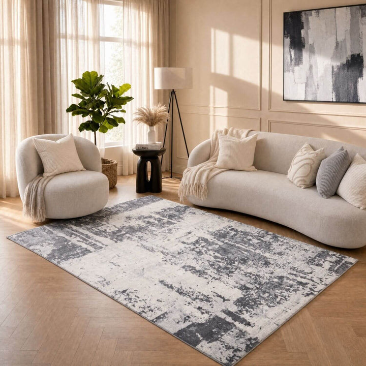 Elaris grey abstract rug, jute backing, anti-static, non-shedding | The Rugs