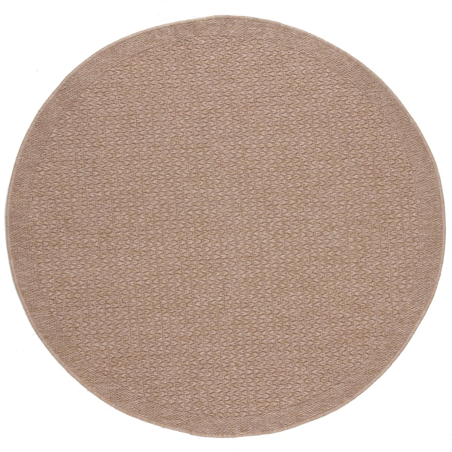 Neutral round outdoor rug made from durable polypropylene, suitable for patios, decks, and gardens with UV and moisture resistance.