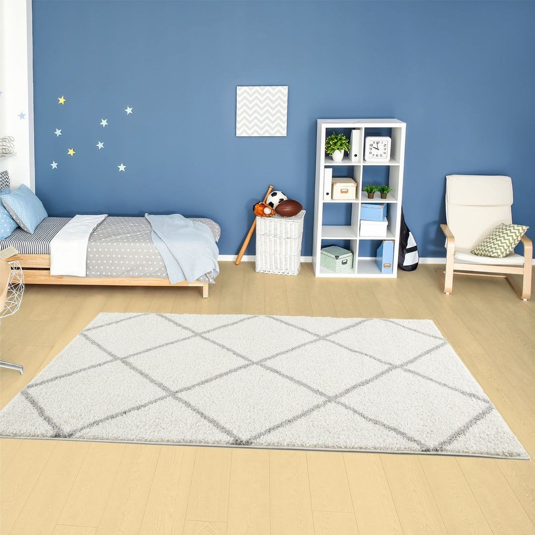 Diamond Design Thick Shaggy Area Rugs Ivory