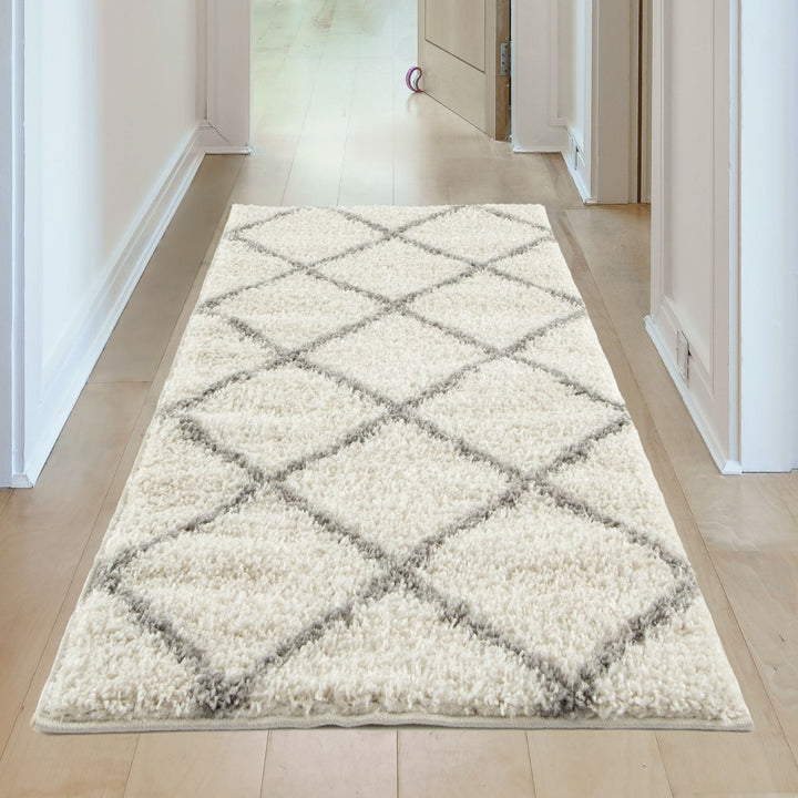 Diamond Design Thick Shaggy Area Rugs Ivory