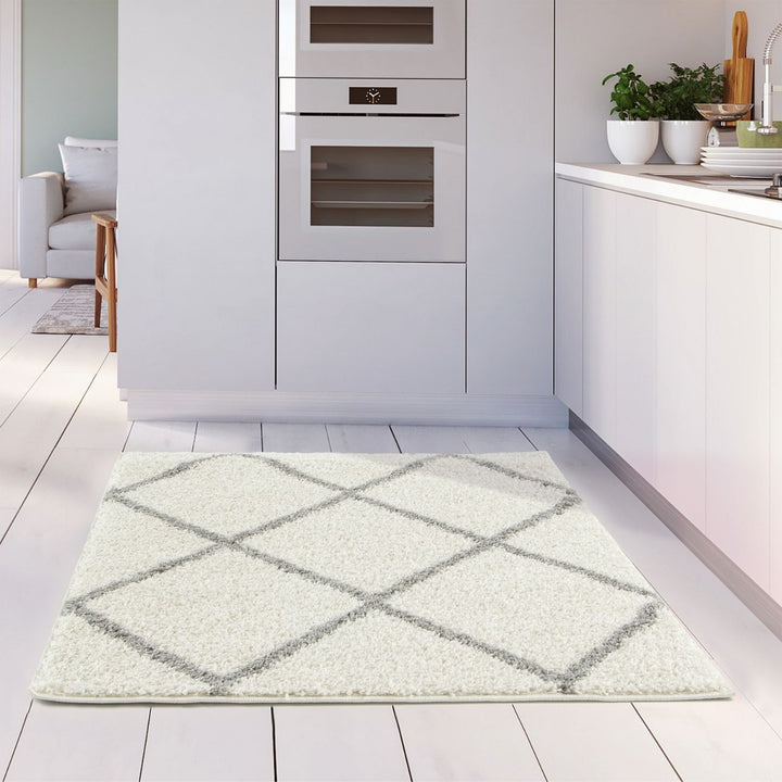 Diamond Design Thick Shaggy Area Rugs Ivory
