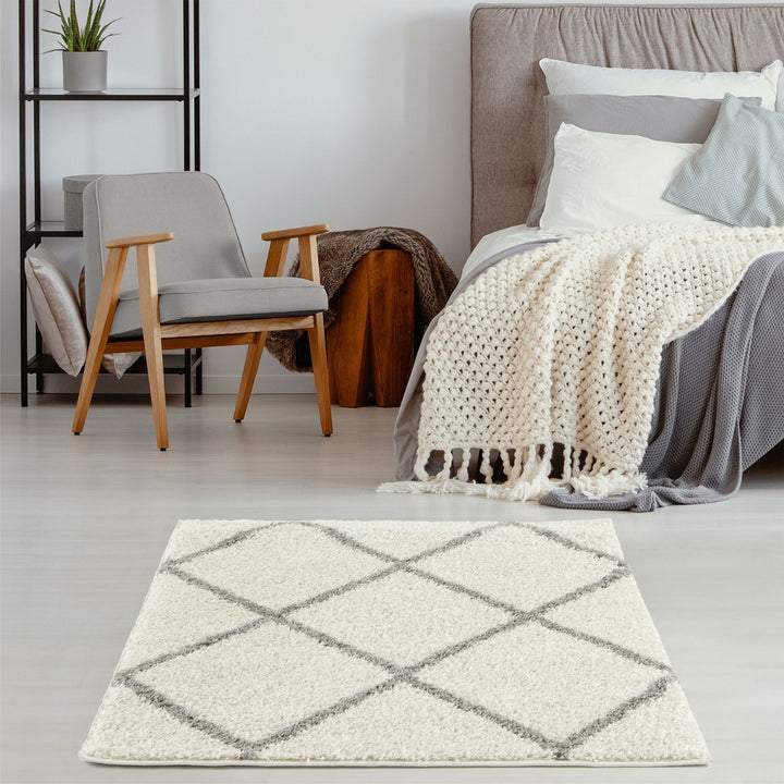 Diamond Design Thick Shaggy Area Rugs Ivory