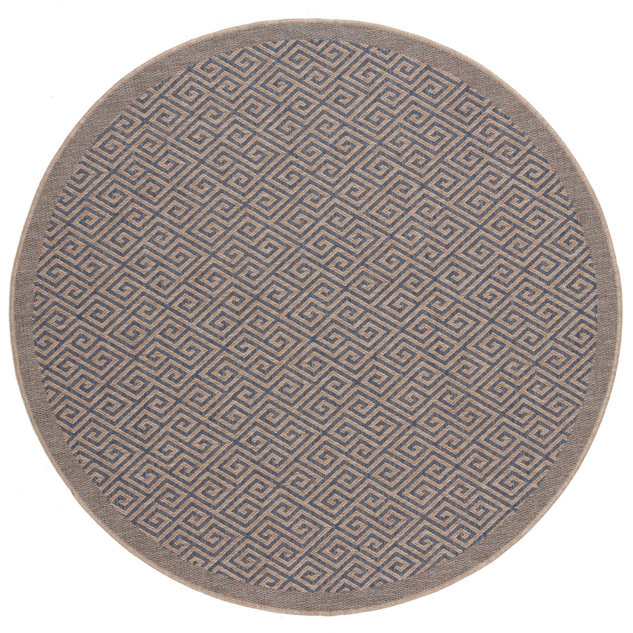 Round blue geometric pattern outdoor rug, ideal for patios and gardens, made from durable and easy-to-clean polypropylene material.