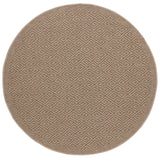 Round beige outdoor rug with geometric pattern, suitable for patio or garden. Durable polypropylene construction.