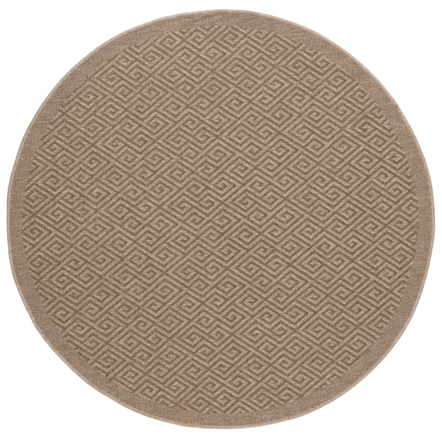 Round beige outdoor rug with geometric pattern, suitable for patio or garden. Durable polypropylene construction.