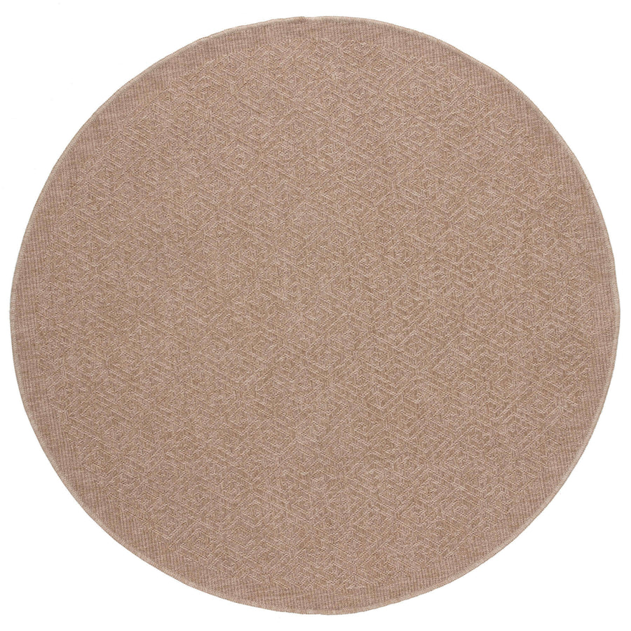 Neutral round outdoor rug made from durable polypropylene, ideal for patios and gardens, UV protected and easy to clean.