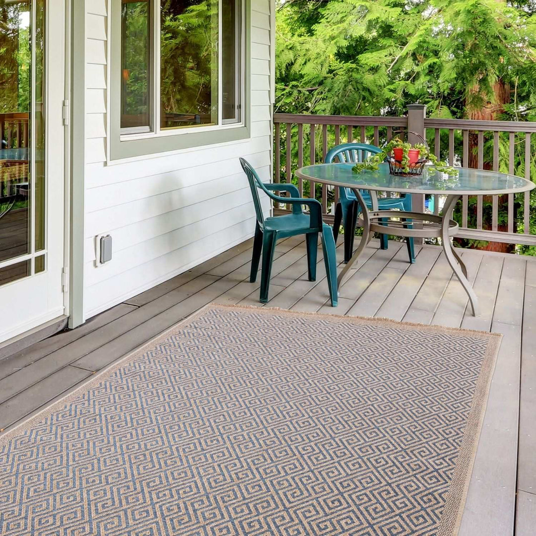 Nature Blue outdoor rug is resistant to moisture and UV protected