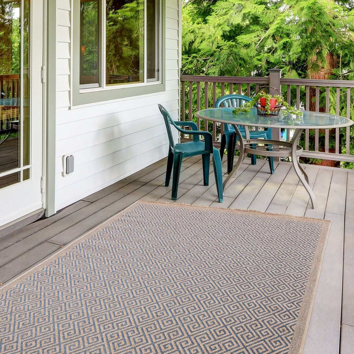 Nature Blue outdoor rug is resistant to moisture and UV protected
