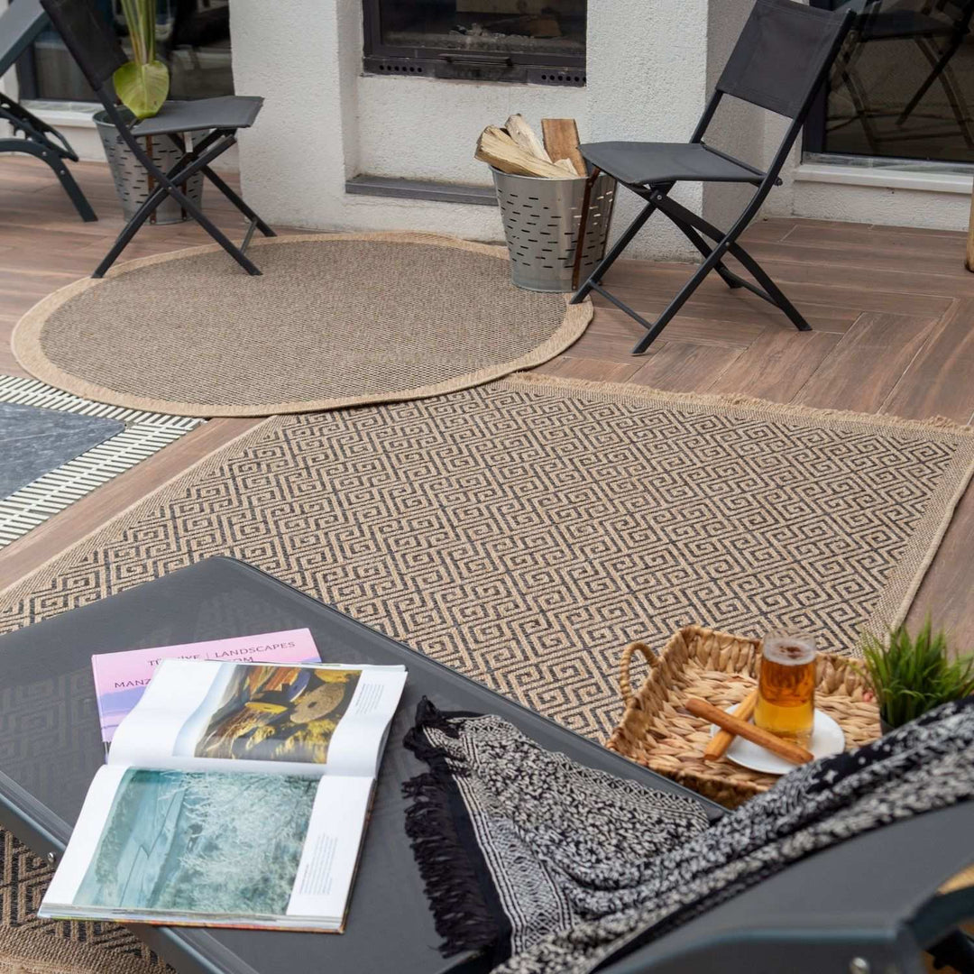 Nature Blue outdoor rug is resistant to moisture and UV protected