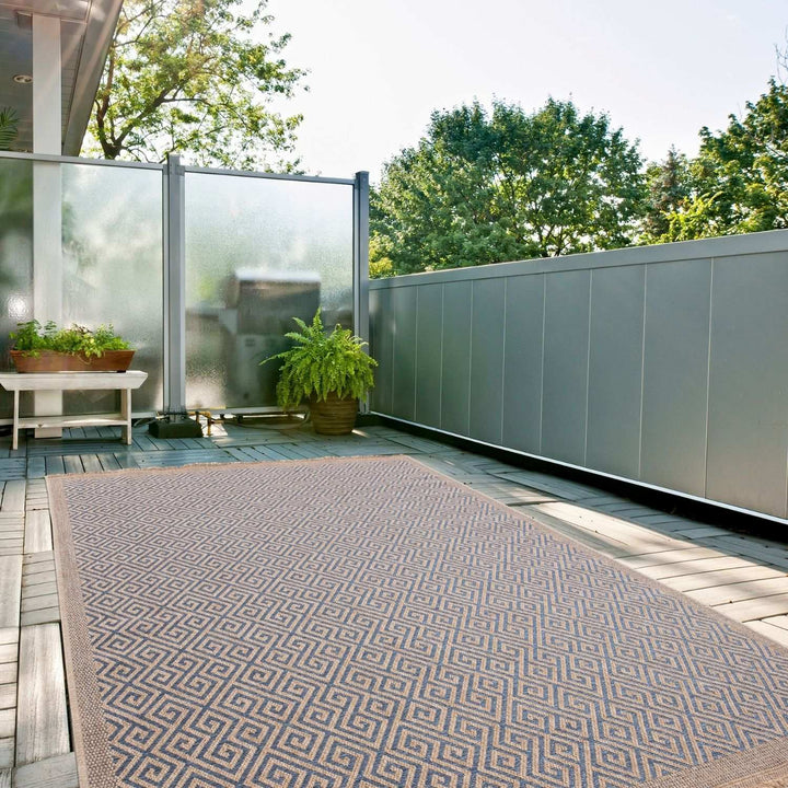 Nature Blue outdoor rug is resistant to moisture and UV protected