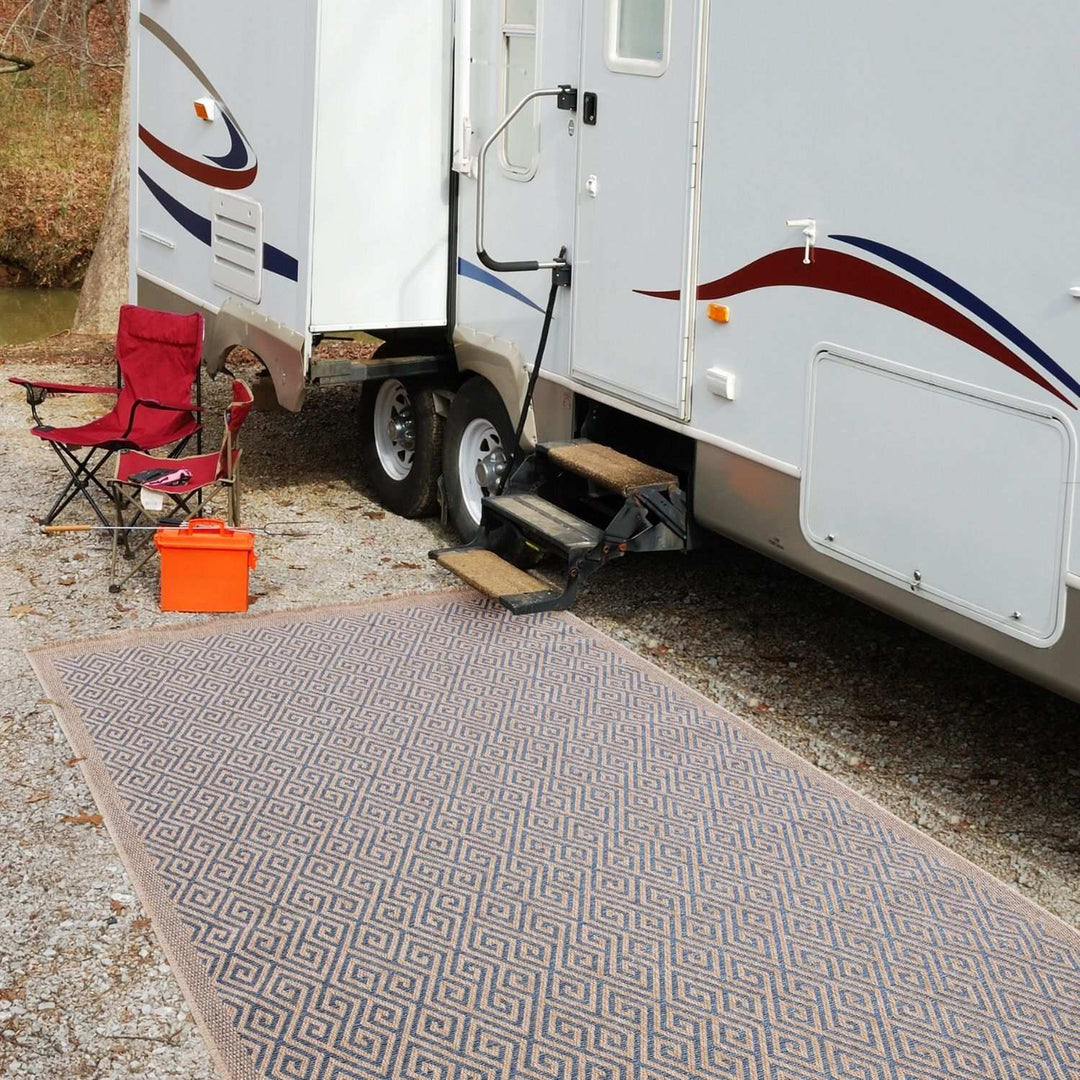 Nature Blue outdoor rug is resistant to moisture and UV protected