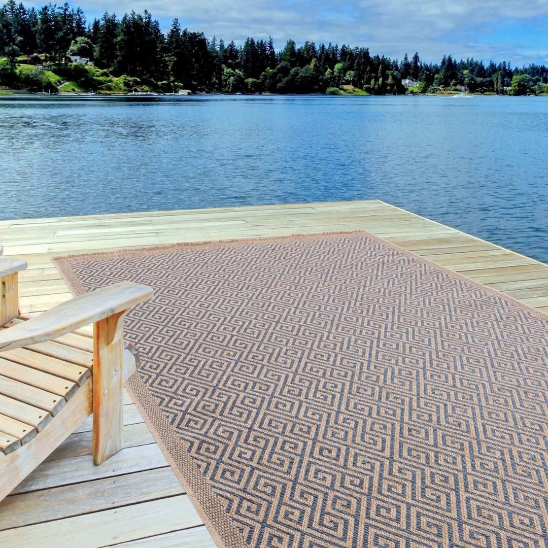 Nature Blue outdoor rug is resistant to moisture and UV protected