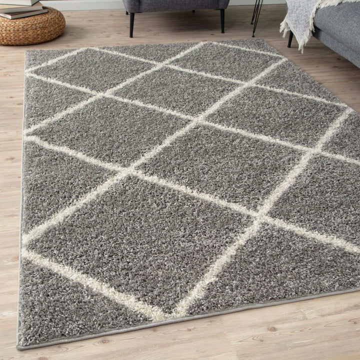 Diamond Design Thick Shaggy Area Rugs Grey