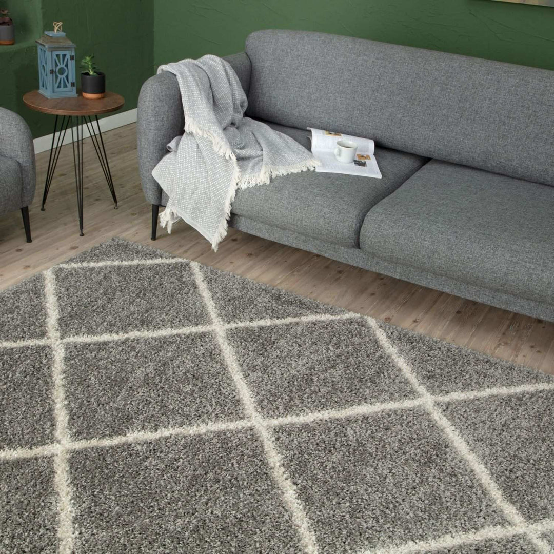 Diamond Design Thick Shaggy Area Rugs Grey