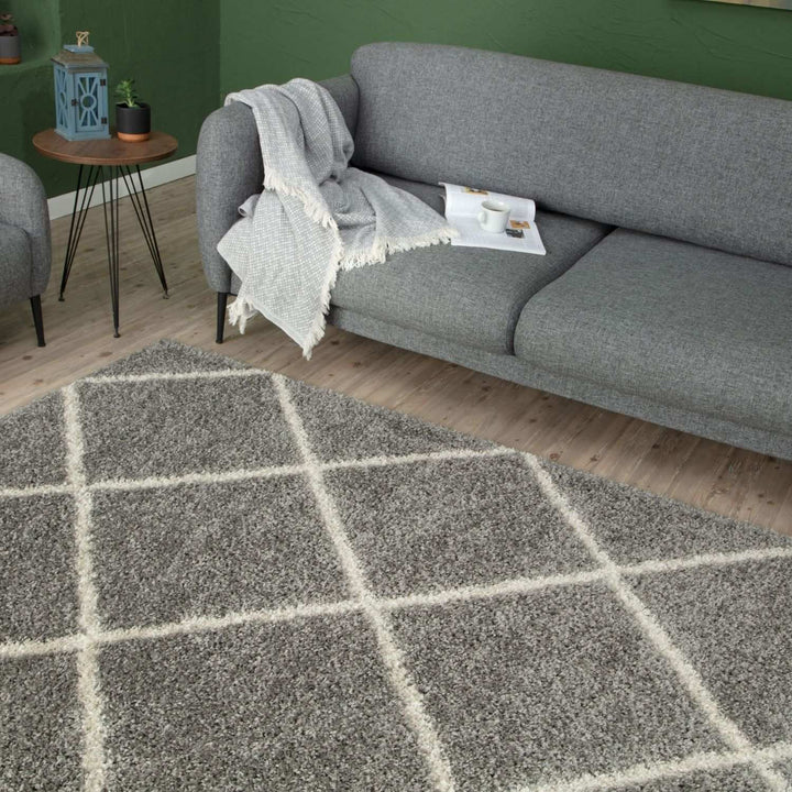 Diamond Design Thick Shaggy Area Rugs Grey
