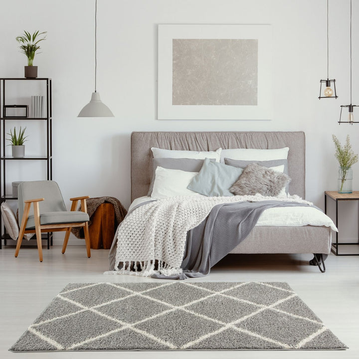 Diamond Design Thick Shaggy Area Rugs Grey