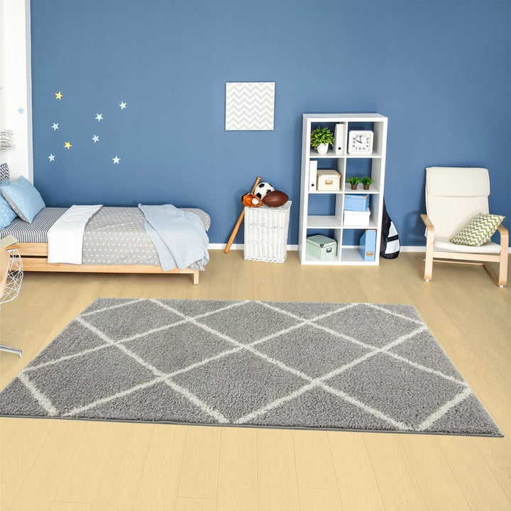 Diamond Design Thick Shaggy Area Rugs Grey