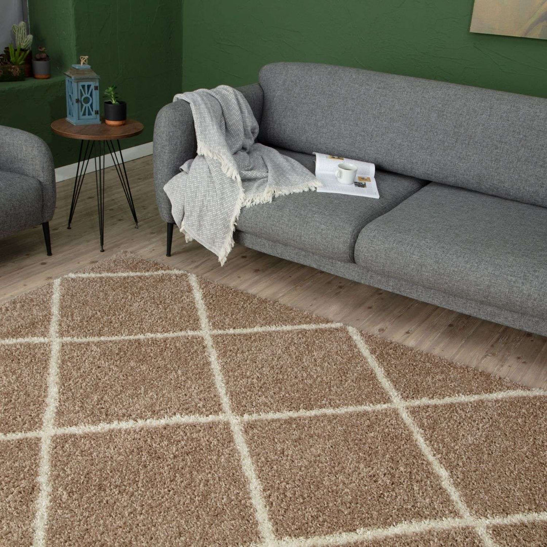 Diamond Design Thick Shaggy Area Rugs Beige