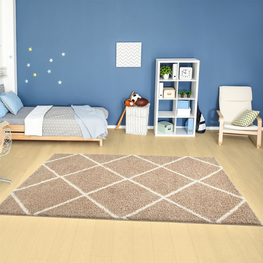 Diamond Design Thick Shaggy Area Rugs Beige