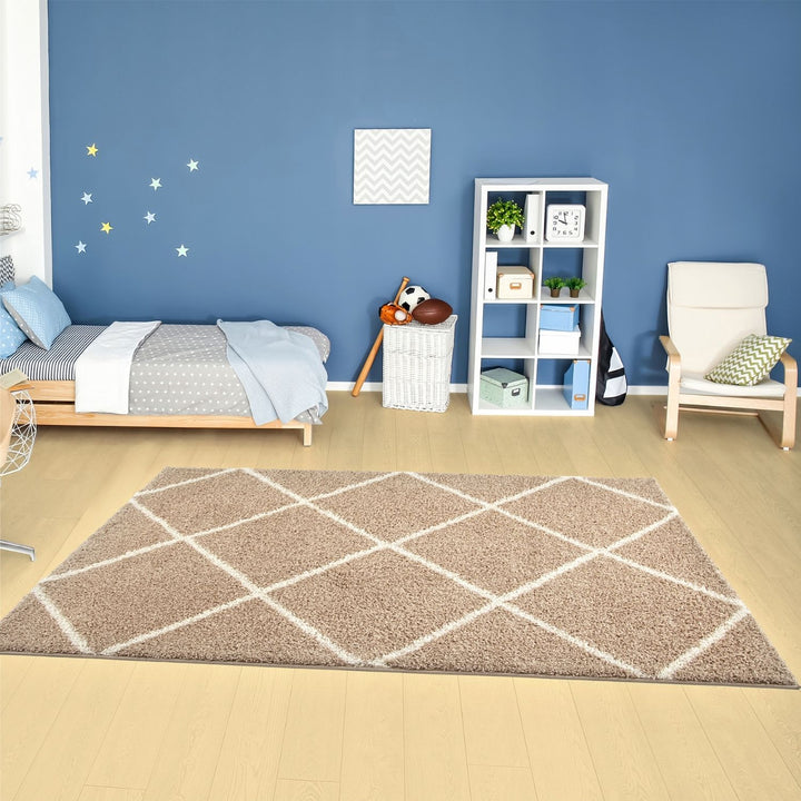 Diamond Design Thick Shaggy Area Rugs Beige