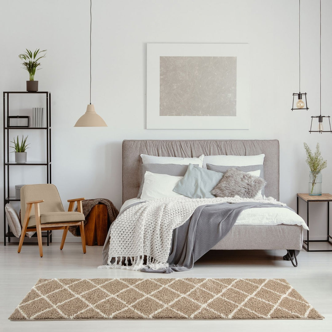Diamond Design Thick Shaggy Area Rugs Beige