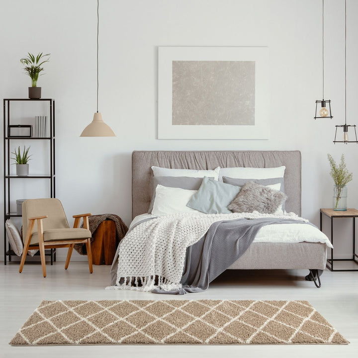 Diamond Design Thick Shaggy Area Rugs Beige