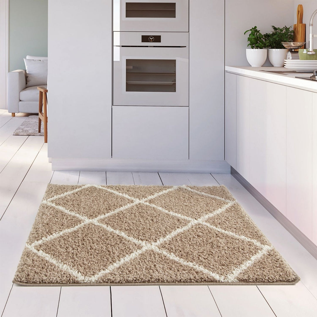 Diamond Design Thick Shaggy Area Rugs Beige