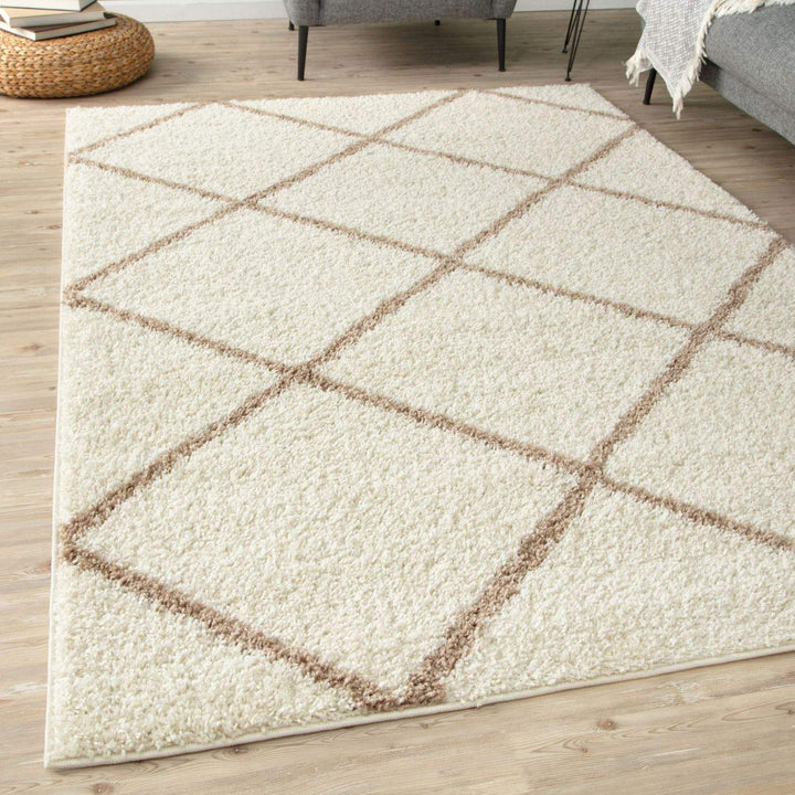 Diamond Design Thick Shaggy Area Rugs Ivory Beige
