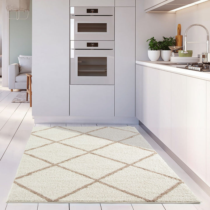 Diamond Design Thick Shaggy Area Rugs Ivory Beige