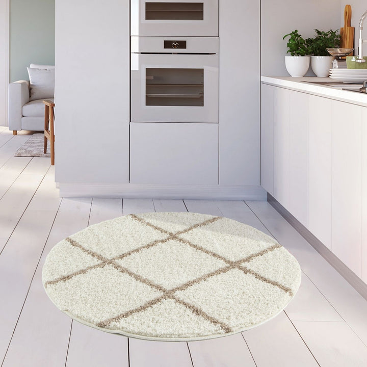 Diamond Design Thick Shaggy Area Rugs Ivory Beige