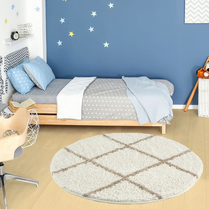 Diamond Design Thick Shaggy Area Rugs Ivory Beige