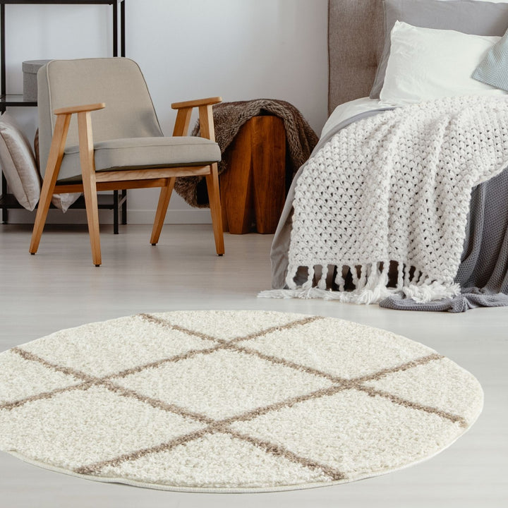 Diamond Design Thick Shaggy Area Rugs Ivory Beige