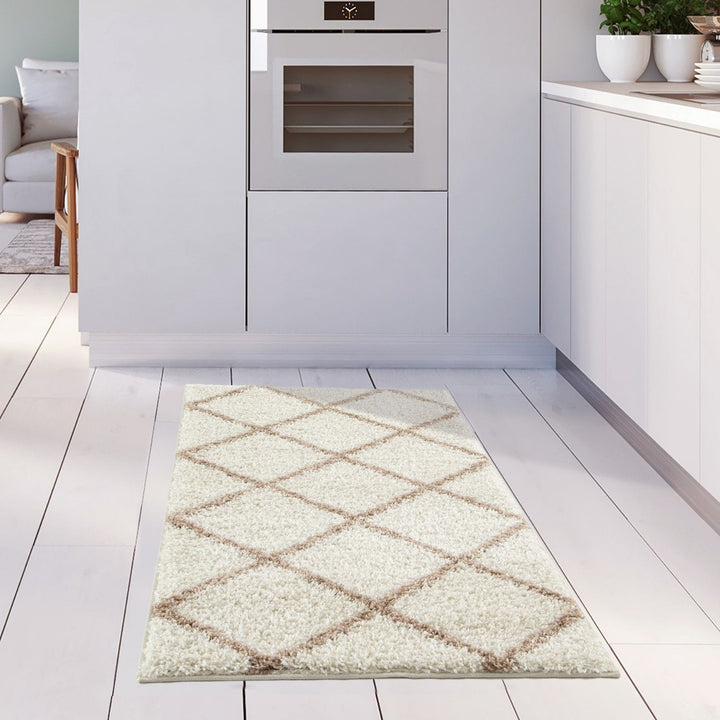 Diamond Design Thick Shaggy Area Rugs Ivory Beige